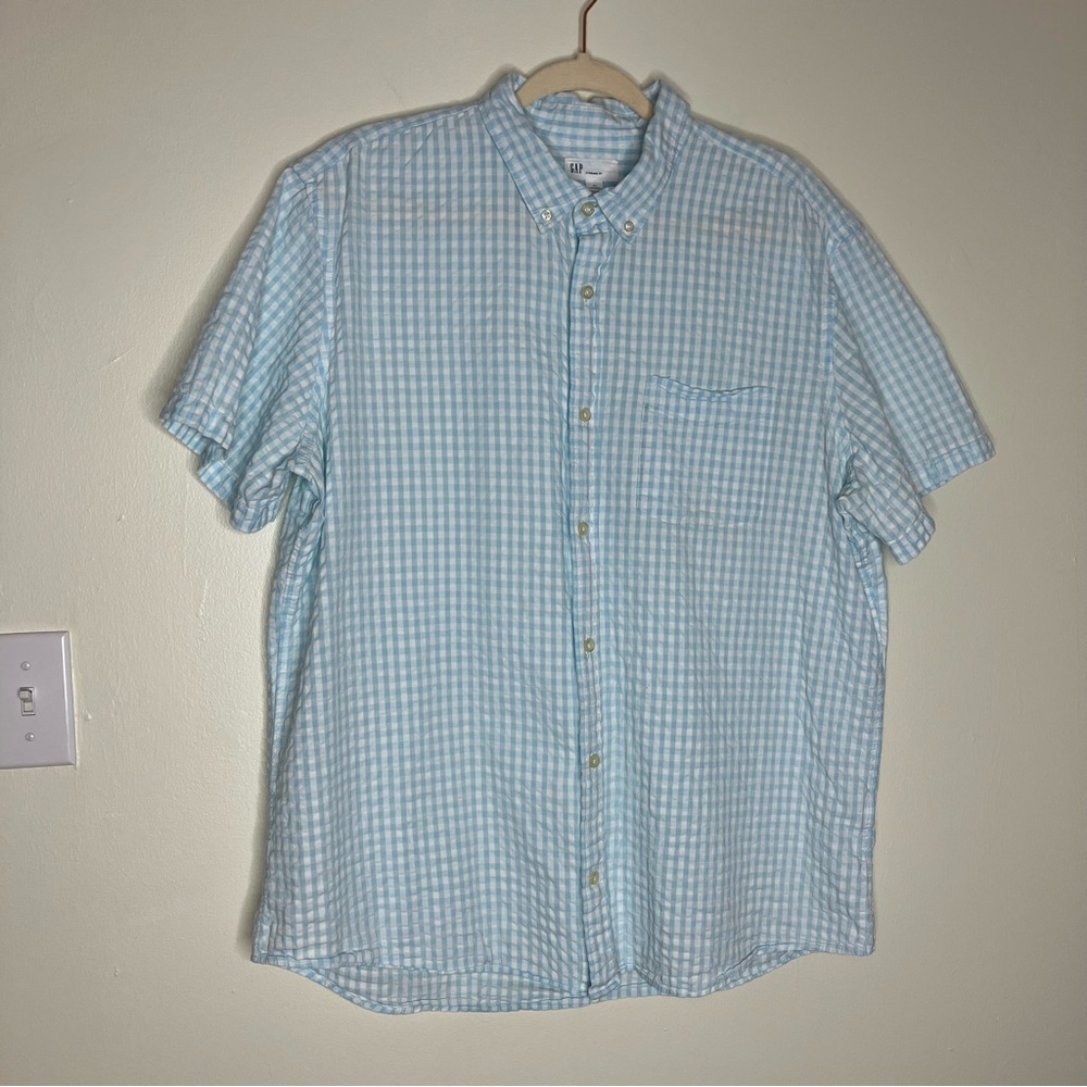 Gap mens Standard Fit light blue seersucker gingham checked button down shirt XL